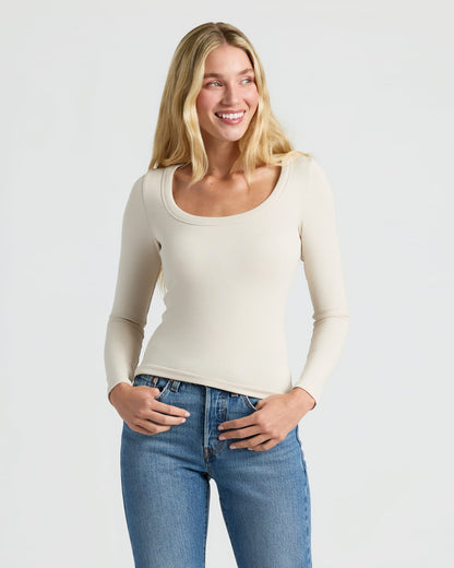 Womens Oatmeal Ribbed Long Sleeve Scoop Neck Tee 3-Pack