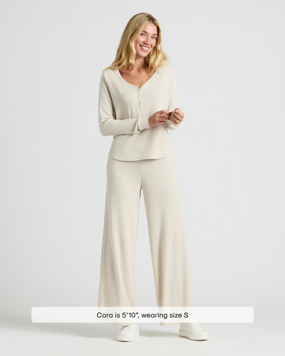 Womens Oatmeal Waffle Long Sleeve Henley & Waffle Leg Pant 2-Pack
