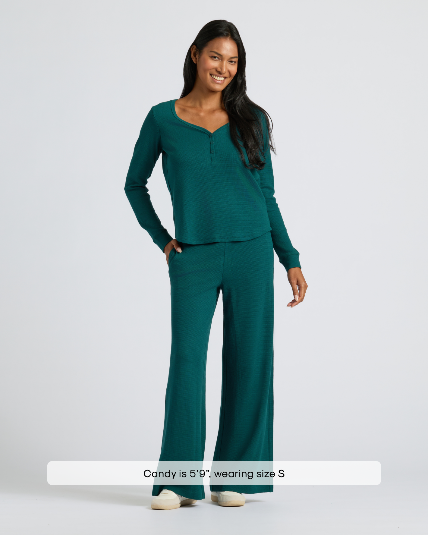 Womens Deep Emerald Waffle Wide Leg Pants