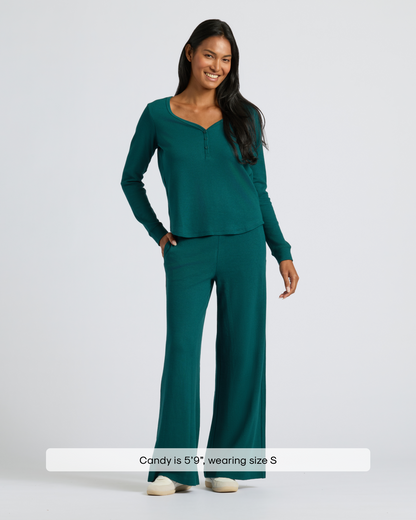 Womens Deep Emerald Waffle Wide Leg Pants