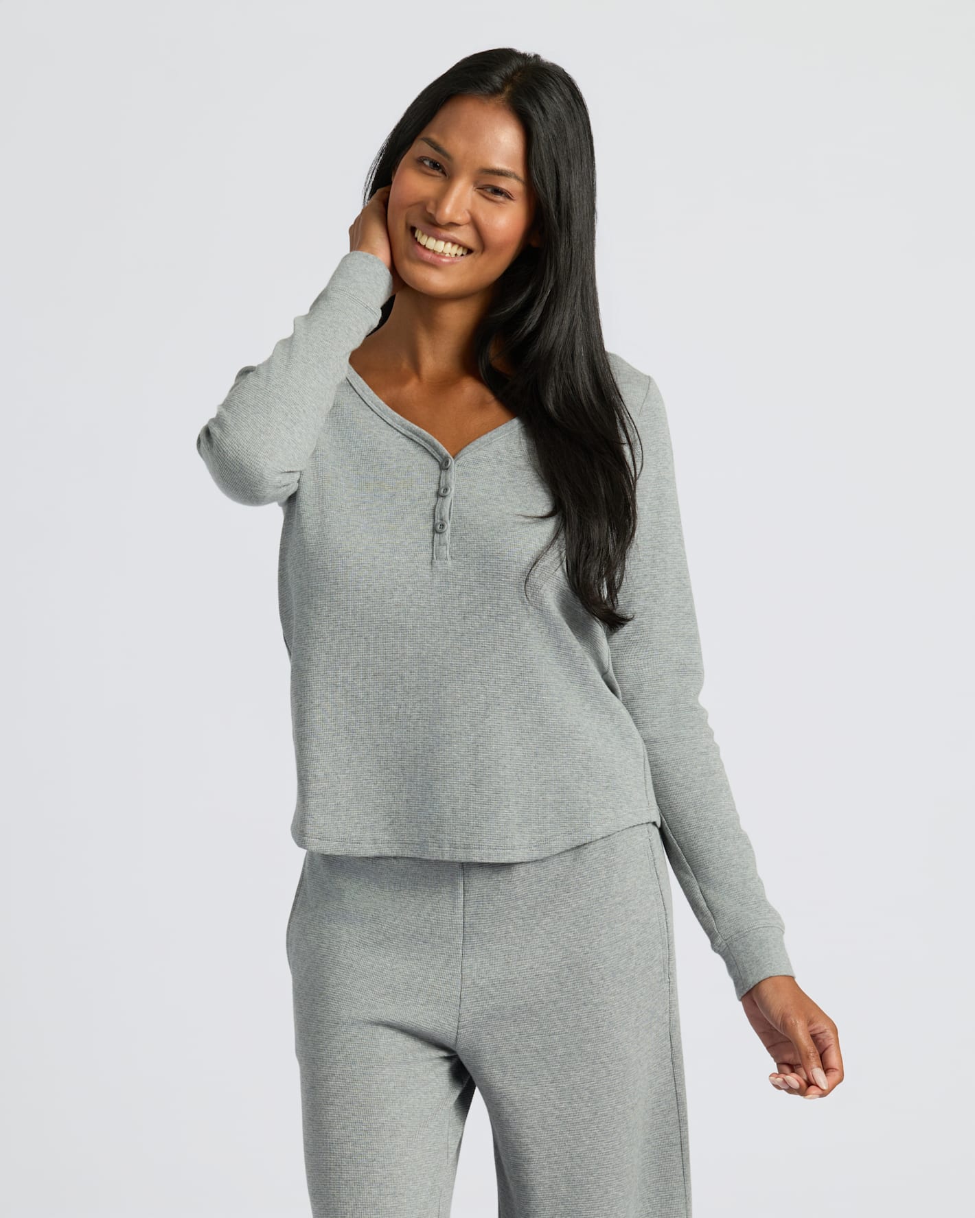 Womens Heather Gray Waffle Long Sleeve Henley & Waffle Leg Pant 2-Pack