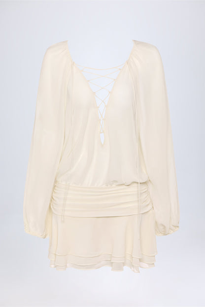 Lace-Up Balloon-Sleeve Mini Dress in Ivory