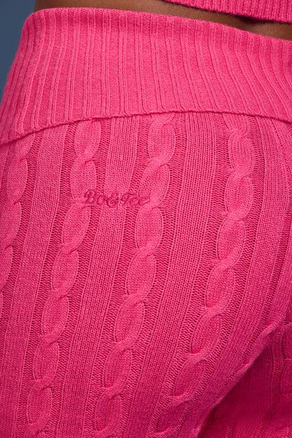 Cable Knit Foldover Flared Trousers in Hot Pink