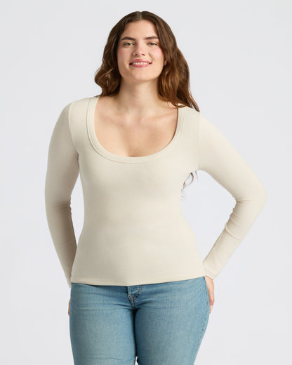 Womens Oatmeal Ribbed Long Sleeve Scoop Neck Tee 3-Pack