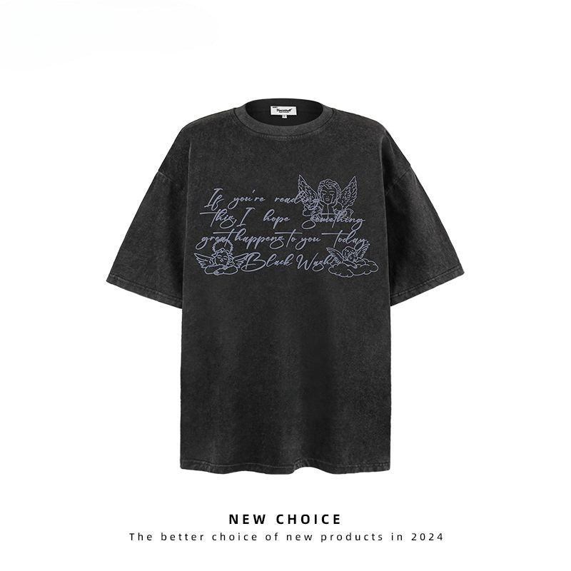 American vintage street T-shirt vintage angel tears print men's summer loose half sleeve