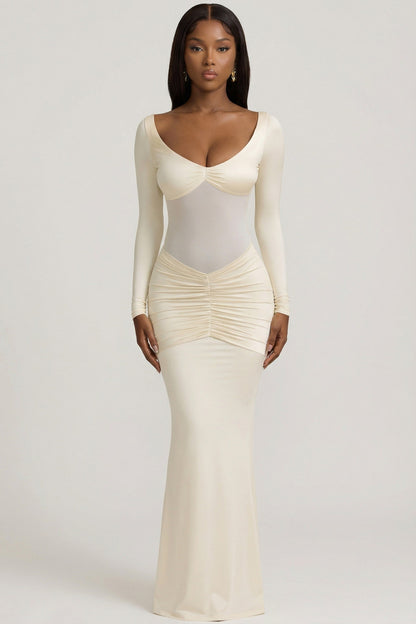 Bow-Detail Ruched Maxi Dress in Ivory