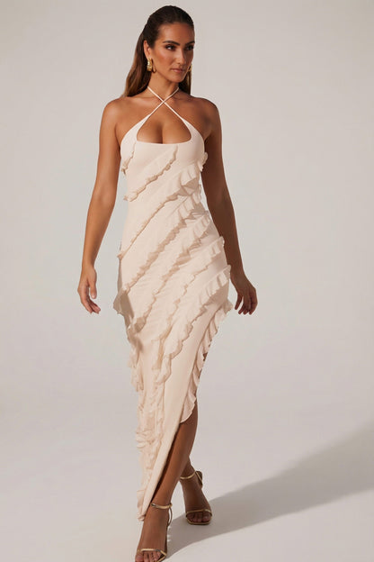 Cross Strap Ruffle Floor Length Dress in Ivory