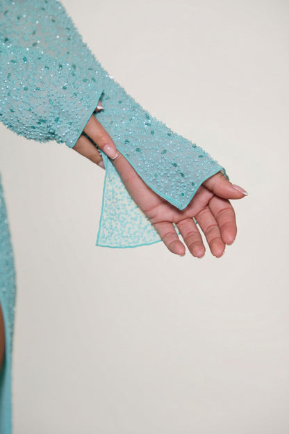 Embellished Cowl Neck Maxi Dress in Aquamarine
