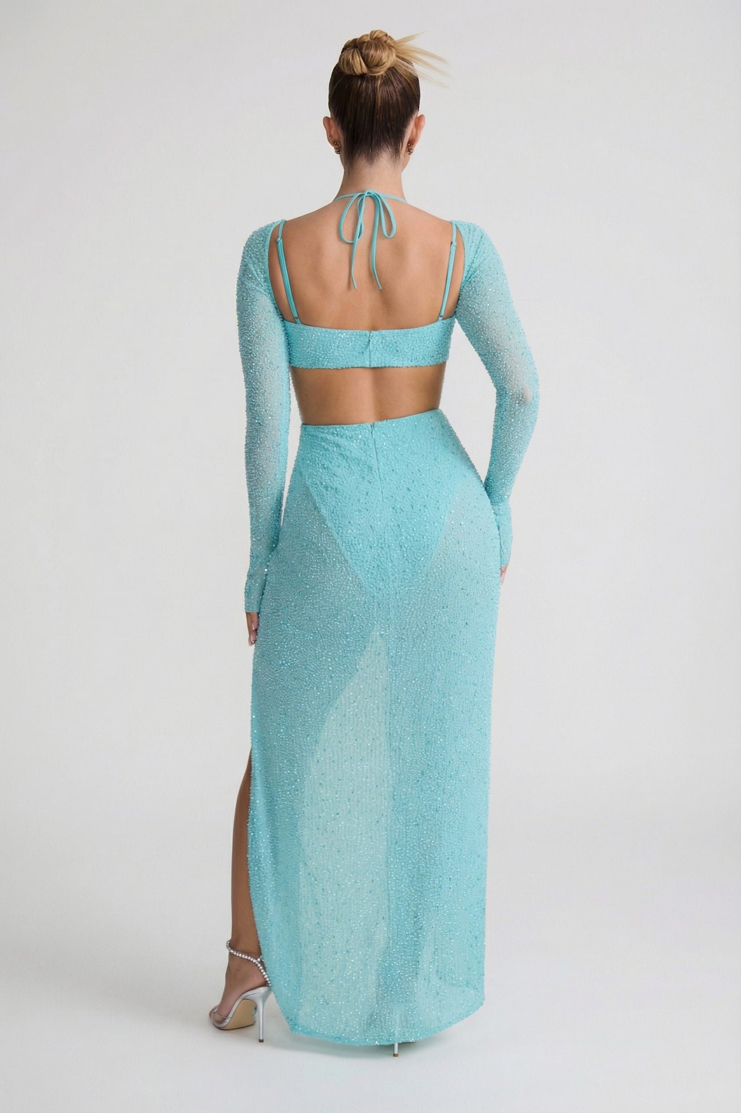 Embellished Cowl Neck Maxi Dress in Aquamarine