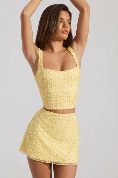 Embellished Low-Rise Mini Skirt in Yellow