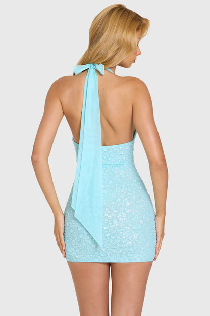 Embellished Mini Dress in Aqua