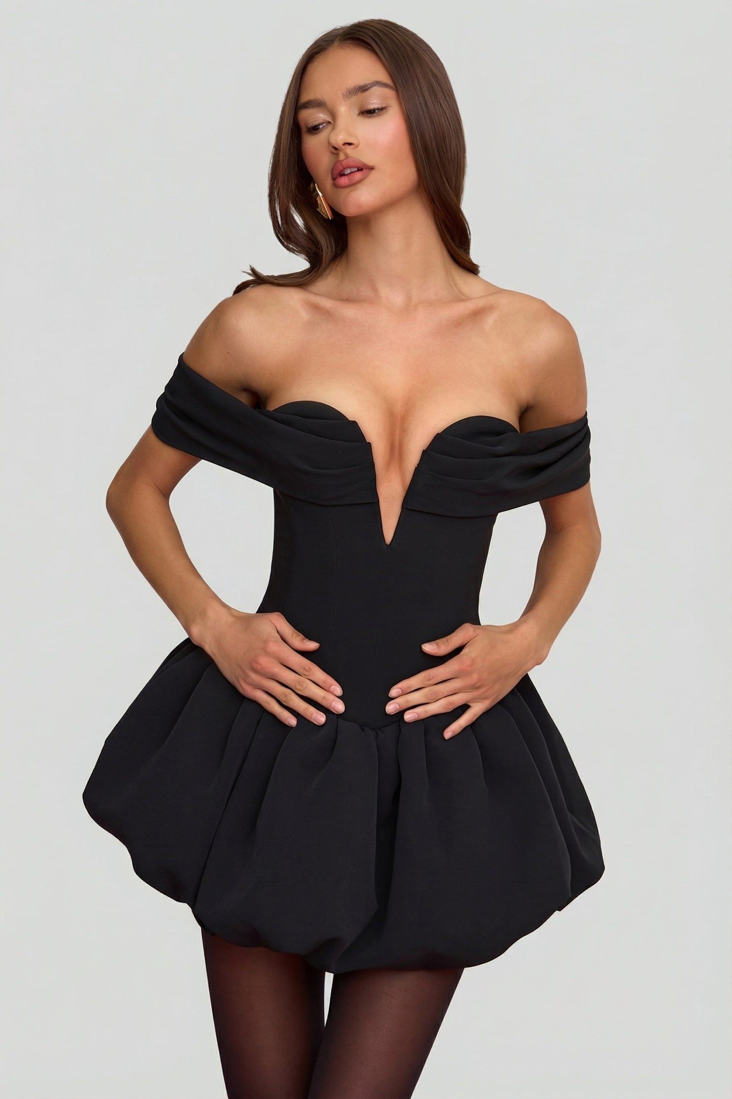 Off-Shoulder Layered Bubble Hem Corset Mini Dress in Black