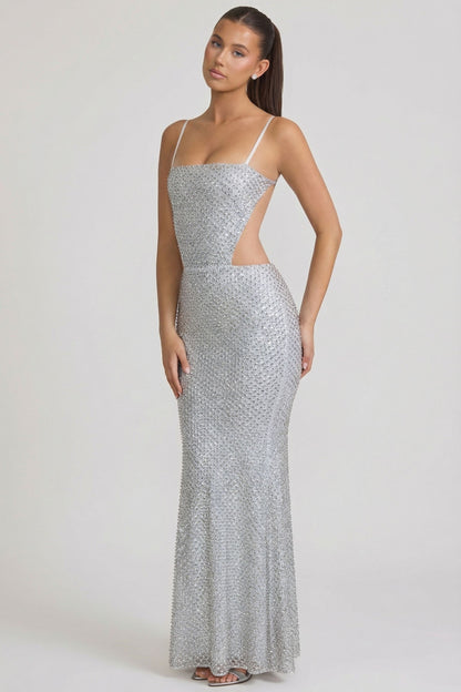 Embellished Cut-Out Gown in Silver