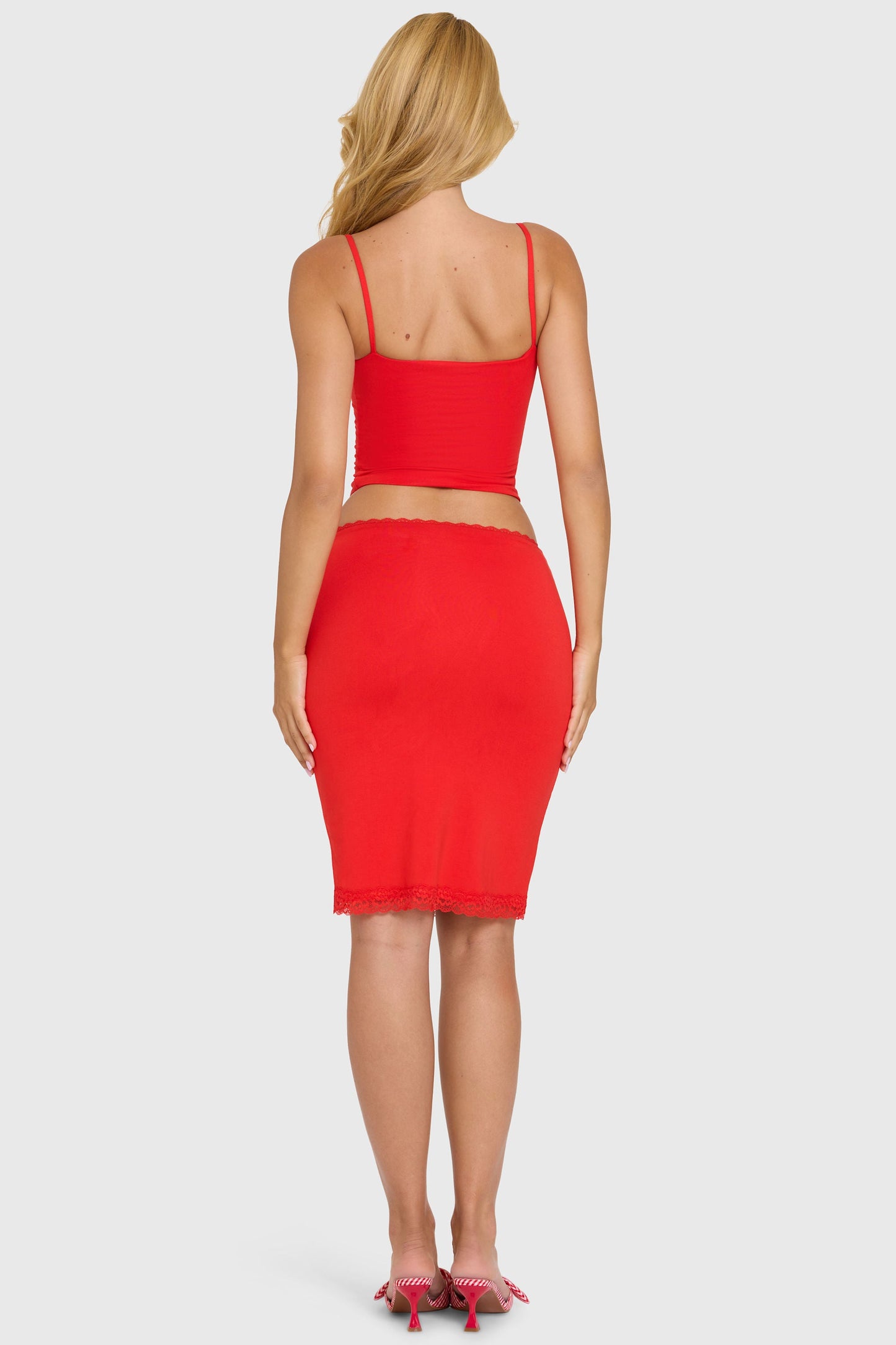 Modal Lace-Trim Midi Skirt in Cherry