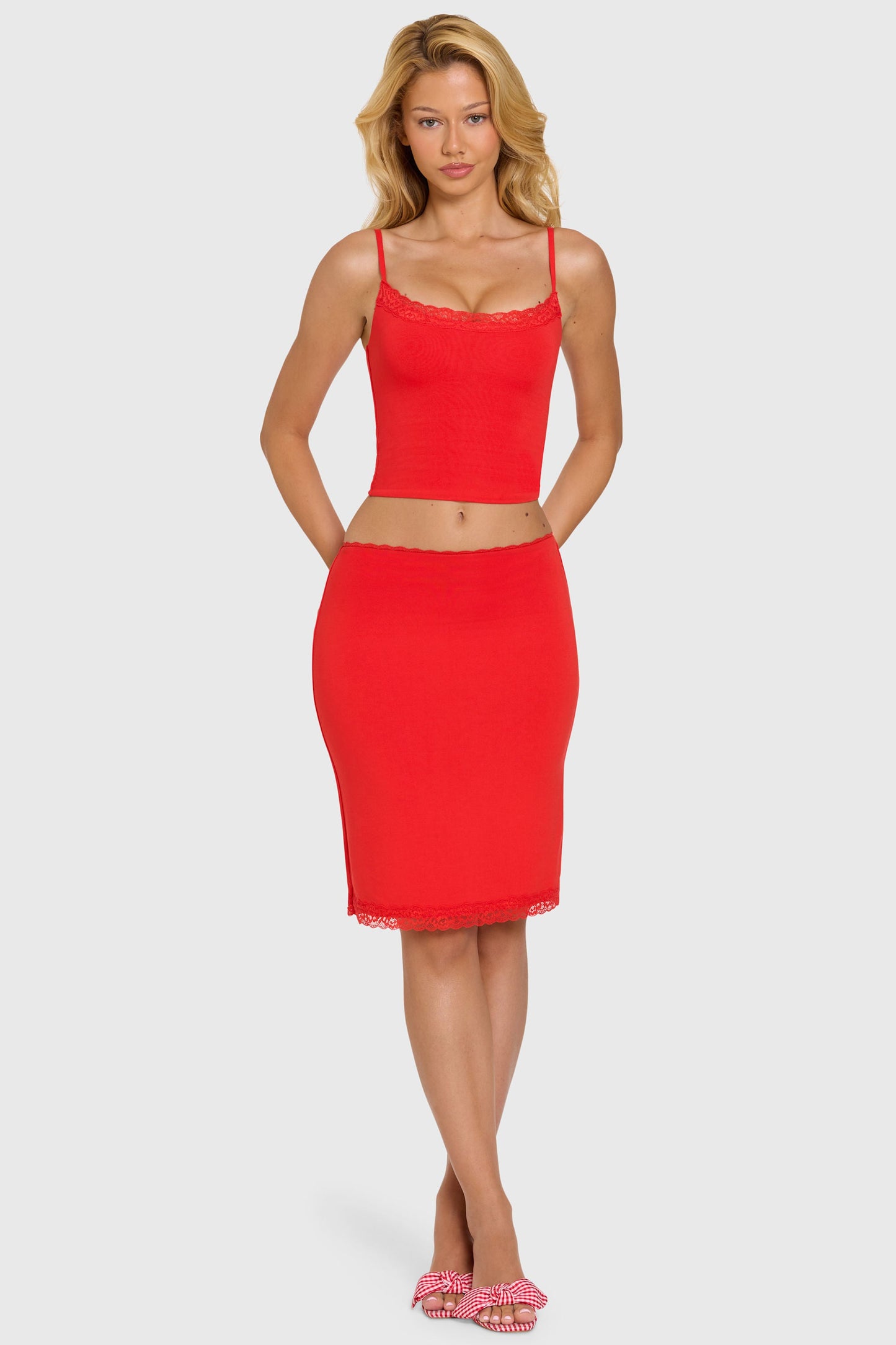 Modal Lace-Trim Midi Skirt in Cherry
