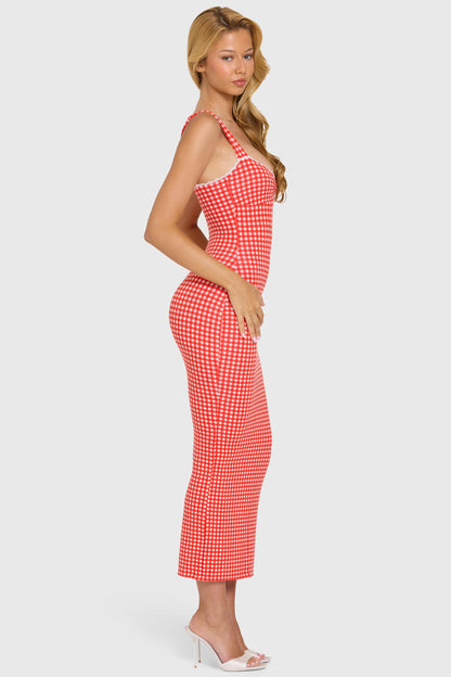 Modal Lace-Trim Midaxi Dress in Red Gingham