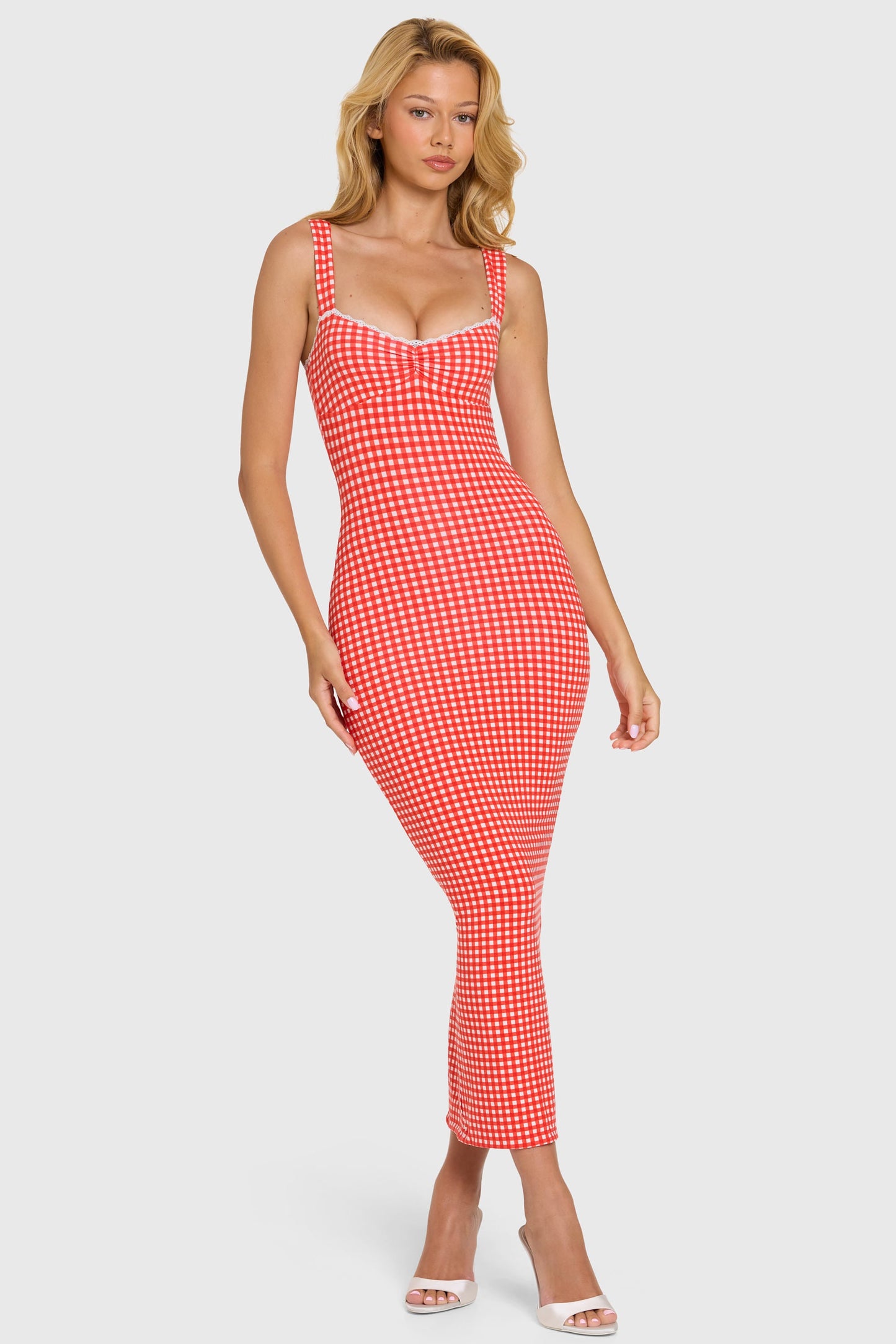 Modal Lace-Trim Midaxi Dress in Red Gingham