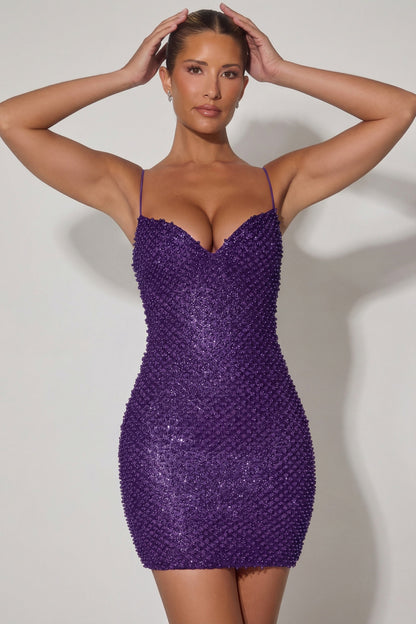 Embellished Sweetheart-Neck Mini Dress in Purple