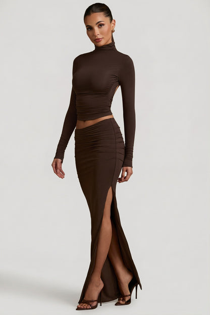 Modal Asymmetric-Waist Maxi Skirt in Chocolate Brown