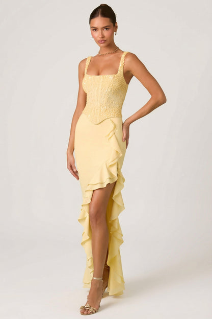 Embellished Ruffle-Trim Corset Gown in Yellow
