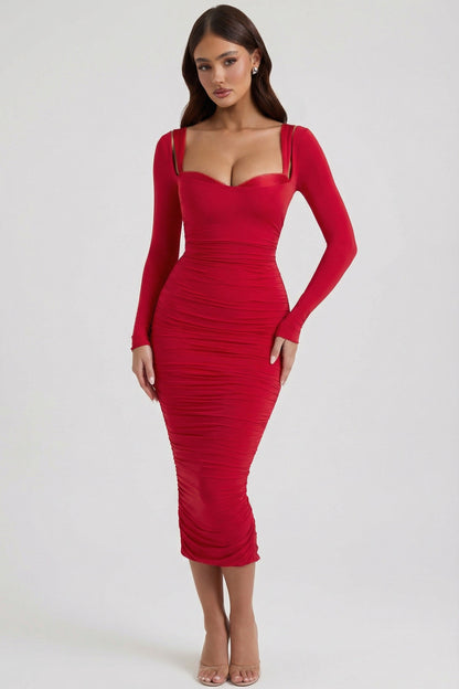Layered Bra-Detail Ruched Midaxi Dress in Red