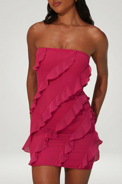Bandeau Ruffle Detail Mini Dress in Raspberry