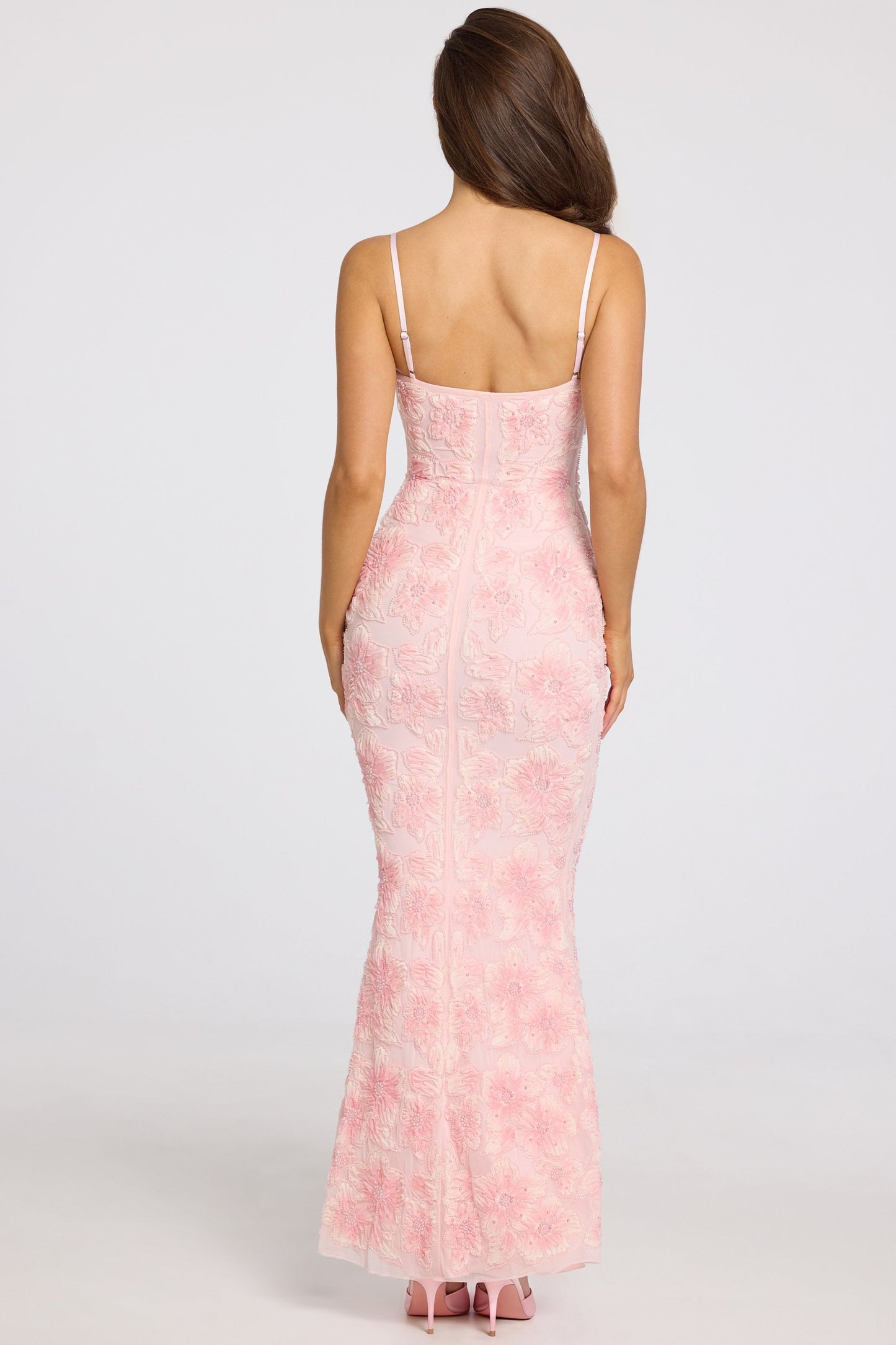 Embellished Square-Neck Maxi Dress in Soft Pink Ombre