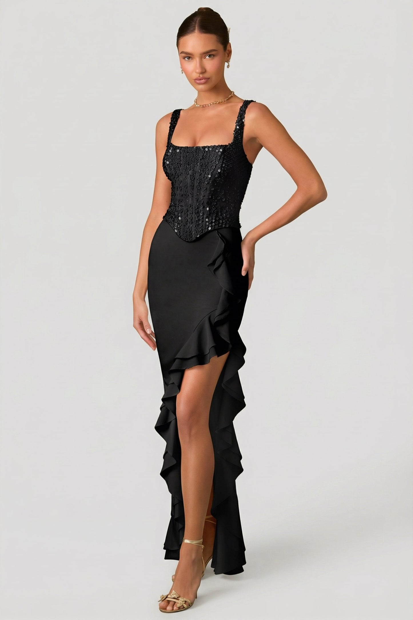Embellished Ruffle-Trim Corset Gown in Black