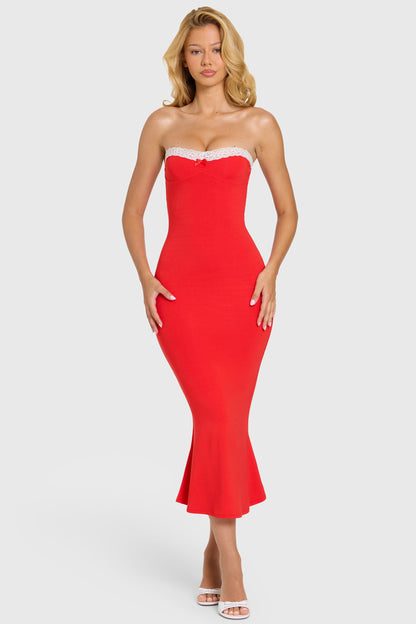 Modal Lace-Trim Midaxi Dress in Cherry