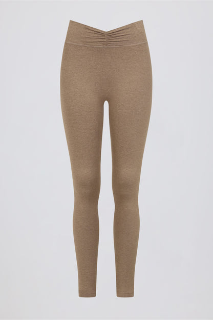 Brushed Jersey Ruched Mid-Rise Leggings in Mocha Marl