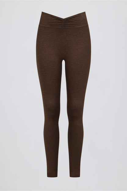 Brushed Jersey Ruched Mid-Rise Leggings in Pecan Marl