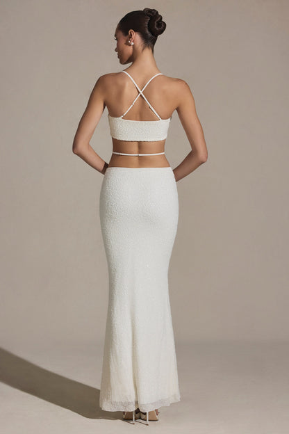 Embellished Strappy Maxi Skirt in White